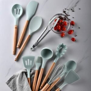 12 pcs Silicone Cooking Nonstick Utensils, Wooden Utensils Tool for Cookware, Cooking Utensils Set with Bamboo Wood Handles Colours Green/Black (MOQ 24pcs) - Image 6