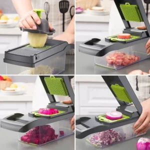 14 in 1 Multifunctional Vegetable Slicer, Veggie Chopper, Mandoline With Container (Green & Grey) (MOQ 30pcs) - Image 4