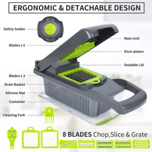 14 in 1 Multifunctional Vegetable Slicer, Veggie Chopper, Mandoline With Container (Green & Grey) (MOQ 30pcs) - Image 5